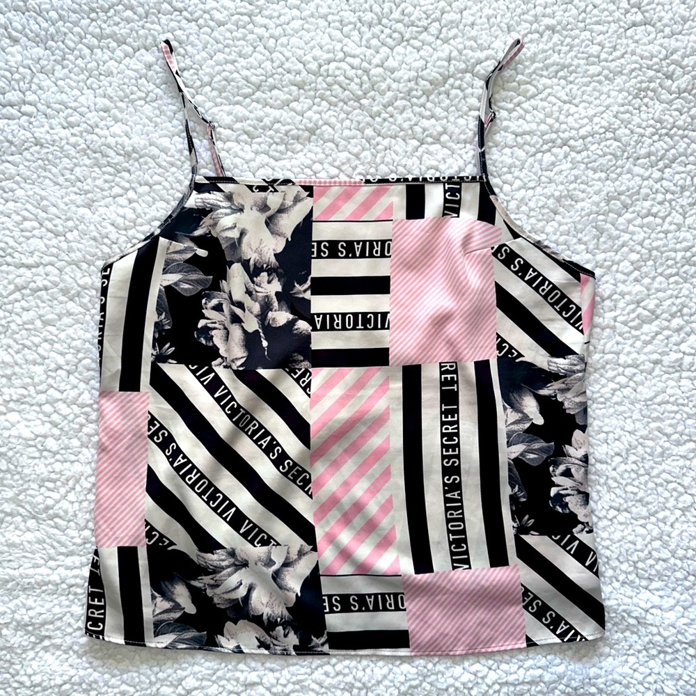 Victoria’s Secret graphic camisole spaghetti strap tank silky satin pink black M